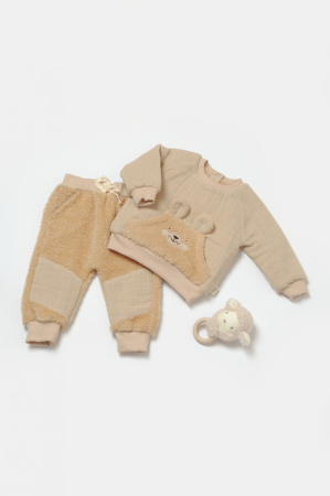 Haine copii - Set bluza cu buzunar si pantaloni Ursulet, Winter muselin, 100% bumbac dublat - Apricot, BabyCosy