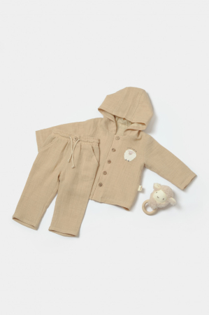 Haine copii - Set bluza cu gluga si pantaloni, Winter muselin, 100% bumbac - Apricot, BabyCosy