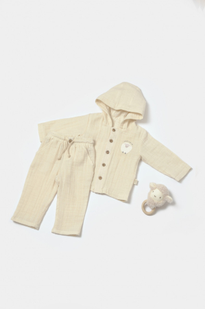 Haine copii - Set bluza cu gluga si pantaloni, Winter muselin, 100% bumbac - Stone, BabyCosy