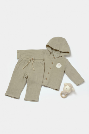 Haine copii - Set bluza cu gluga si pantaloni, Winter muselin, 100% bumbac - Verde, BabyCosy