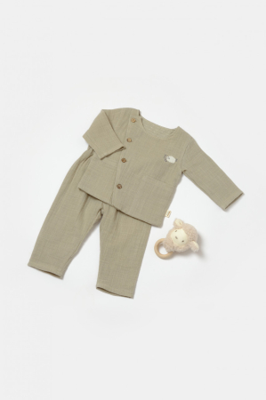 Haine copii - Set bluza cu nasturi si pantaloni , Winter muselin, 100% bumbac - Verde, BabyCosy