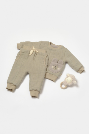 Haine copii - Set bluza dublata si pantaloni Ursulet, Winter muselin - Verde, BabyCosy