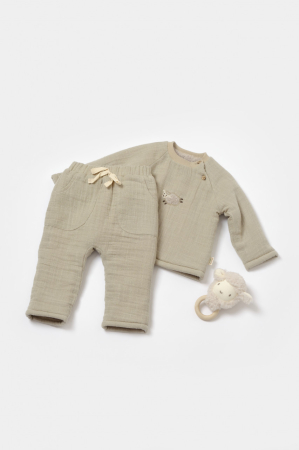 Haine copii - Set bluza dublata si pantaloni, Winter muselin- Verde, BabyCosy