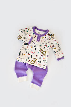 Seturi și compleuri copii - Set bluzita cu maneca lunga si nasturei si pantaloni lungi, 100% bumbac organic, BabyCosy, Mov