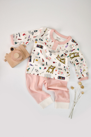 Seturi și compleuri copii - Set bluzita cu maneca lunga si nasturei si pantaloni lungi, 100% bumbac organic, BabyCosy, Pudra