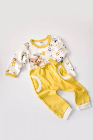 Seturi și compleuri copii - Set bluzita cu maneca lunga si pantaloni lungi, 100% bumbac organic, BabyCosy, Galben