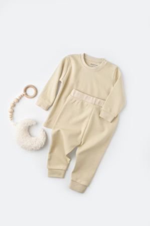 Seturi și compleuri copii - Set bluzita cu maneca lunga si pantaloni lungi - bumbac organic 100% - Crem, BabyCosy