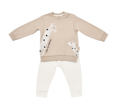 Seturi și compleuri copii - Set bluzita cu maneca lunga si pantaloni lungi cu buline Girafa, BabyCosy, 100% bumbac organic, Mink