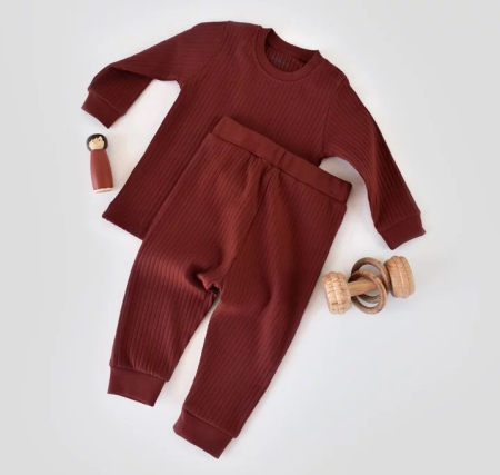 Seturi și compleuri copii - Set bluzita cu maneca lunga si pantaloni lungi din bumbac organic si 5% elastan - Caramiziu BabyCosy