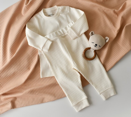 Seturi și compleuri copii - Set bluzita cu maneca lunga si pantaloni lungi din bumbac organic si 5% elastan - Ecru, BabyCosy
