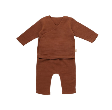 Seturi și compleuri copii - Set bluzita petrecuta si pantaloni lungi din muselina, BabyCosy, 100% bumbac organic, Caramiziu