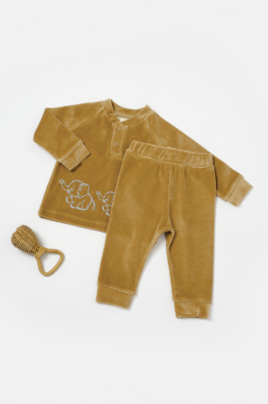 Haine copii - Set bluzita si pantaloni Elefant, 80%bumbac organic si 20% poliester - Mustar, BabyCosy