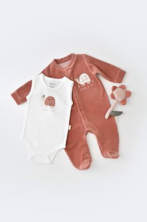 Body-uri și salopete bebeluși - Set Broscuta cu salopeta si body din 80%bumbac organic si 20% poliester - Caramiziu, BabyCosy