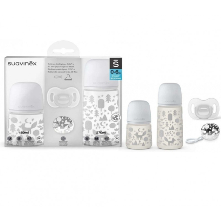 Accesorii hrănire bebeluși - Set Cadou biberon 150 ml + biberon 270 ml + suzetă + lănțișor suzetă Fox, Suavinex