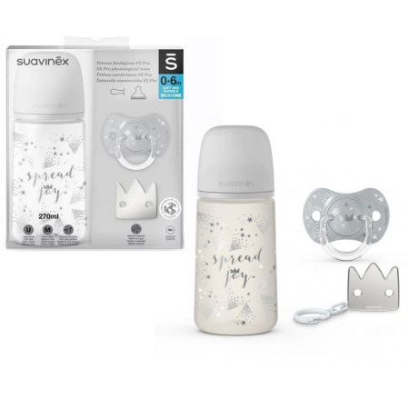 Accesorii hrănire bebeluși - Set Cadou Biberon 270ml + Suzetă 0-6m + Clema Silver Premium, Spread Joy, Suavinex