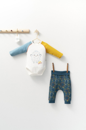 Haine copii - Set cu pantalonasi si body cu maneca lunga pentru bebelusi Monster, Tongs baby - Bleumarin