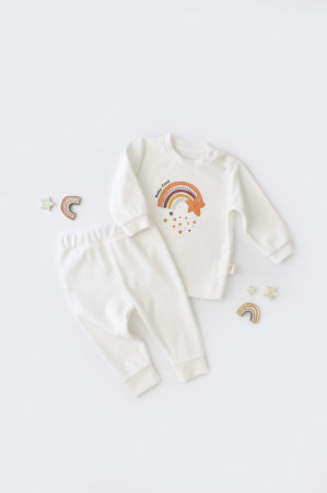 Seturi și compleuri copii - Set Curcubeu cu bluzita cu maneca lunga si pantaloni lungi din 80%bumbac organic si 20% poliester - Ecru, BabyCosy