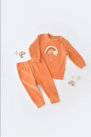 Seturi și compleuri copii - Set Curcubeu cu bluzita cu maneca lunga si pantaloni lungi din 80%bumbac organic si 20% poliester - Portocaliu, BabyCosy
