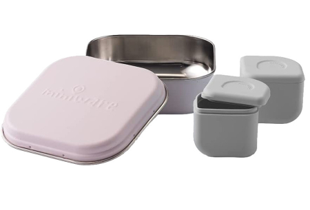 Accesorii hrănire bebeluși - Set cutie cu 2 silipods pentru mancare bebelusi Miniware Grow bento, 3 piese, Cotton Candy+Grey