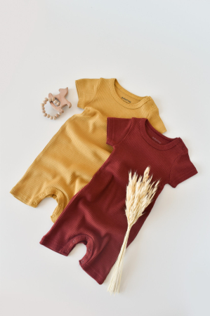Body-uri și salopete bebeluși - Set de 2 salopetele cu maneca scurta din bumbac organic si modal - Caramiziu/ Sofran BabyCosy