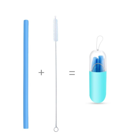 Accesorii hrănire bebeluși - Set de paie portabile reutilizabile din silicon - albastru