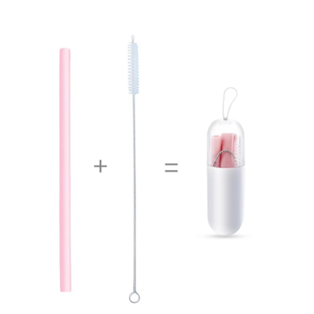Accesorii hrănire bebeluși - Set de paie portabile reutilizabile din silicon - roz