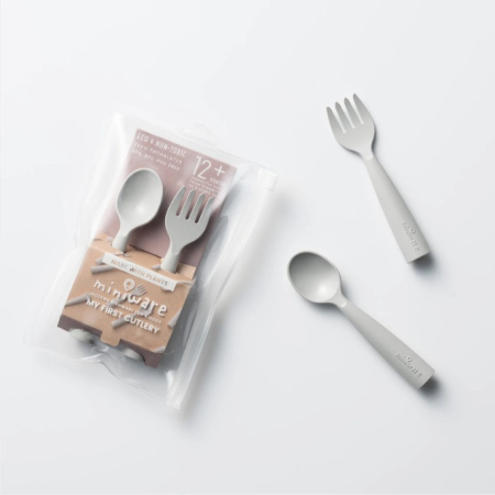 Accesorii hrănire bebeluși - Set de tacamuri bebelusi Miniware My First Cutlery, 100% din materiale naturale biodegradabile, Dove Grey