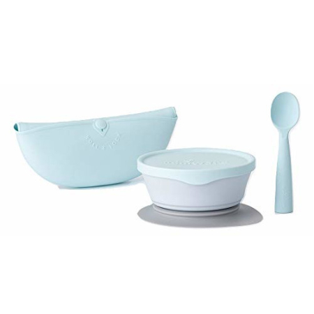 Accesorii hrănire bebeluși - Set diversificare hrana bebelusi Miniware First Bites, 100% din materiale naturale biodegradabile, 4 piese, Aqua