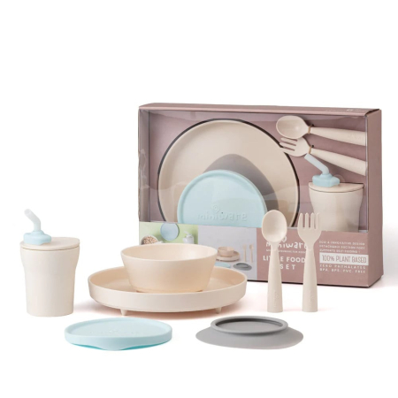 Accesorii hrănire bebeluși - Set diversificare hrana bebelusi Miniware Little Foodie, 100% din materiale naturale biodegradabile, 6 piese, Vanilla Aqua