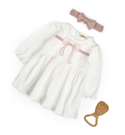 Haine copii - Set rochita cu bentita, Bow, BabyCosy, 100%bumbac organic, Powder