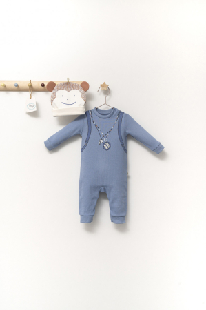 Body-uri și salopete bebeluși - Set salopeta cu caciulita cu urechiuse pentru bebelusi Ursulet, Tongs baby - Albastru