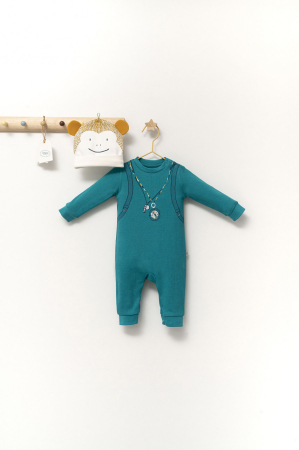 Body-uri și salopete bebeluși - Set salopeta cu caciulita cu urechiuse pentru bebelusi Ursulet, Tongs baby - Turcoaz