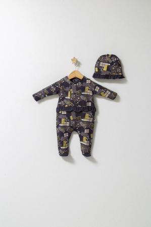Haine copii - Set salopeta cu caciulita cu volanas pentru bebelusi Fun Penguin, Tongs baby - Gri