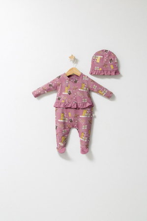 Haine copii - Set salopeta cu caciulita cu volanas pentru bebelusi Fun Penguin, Tongs baby - Roz inchis