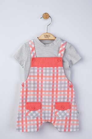 Body-uri și salopete bebeluși - Set salopeta cu tricou in carouri pentru bebelusi, Tongs baby - Gri
