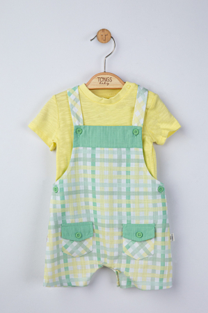 Body-uri și salopete bebeluși - Set salopeta cu tricou in carouri pentru bebelusi, Tongs baby - Galben