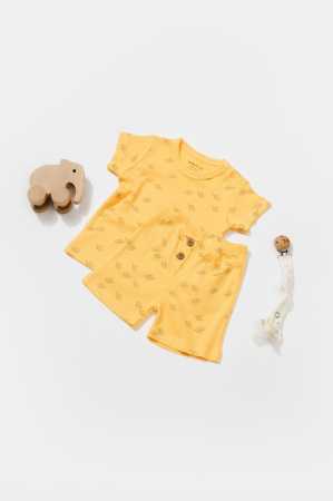 Haine copii - Set tricou cu pantaloni Printed, galben, BabyCosy, 50%bumbac+50% modal