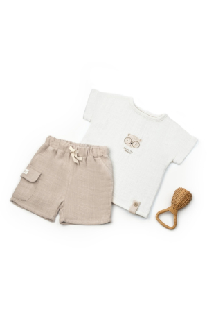 Haine copii - Set tricou ecru cu pantaloni scurti TeddyBear, 100% bumbac organic, BabyCosy