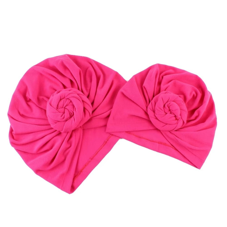 Șepci, căciuli și accesorii de iarnă - Set turbane mama-copil cu pampoane, roz aprins