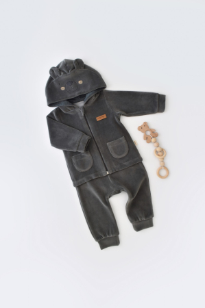Seturi și compleuri copii - Set Ursulet cu bluzita cu fermoar si gluga si pantaloni lungi din 80%bumbac organic si 20% poliester - Antracit, BabyCosy
