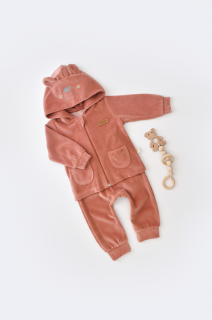 Seturi și compleuri copii - Set Ursulet cu bluzita cu fermoar si gluga si pantaloni lungi din 80%bumbac organic si 20% poliester - Caramiziu, BabyCosy