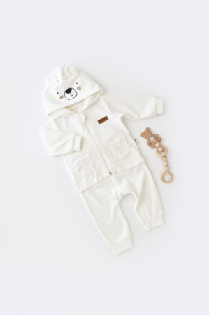 Seturi și compleuri copii - Set Ursulet cu bluzita cu fermoar si gluga si pantaloni lungi din 80%bumbac organic si 20% poliester - Ecru, BabyCosy