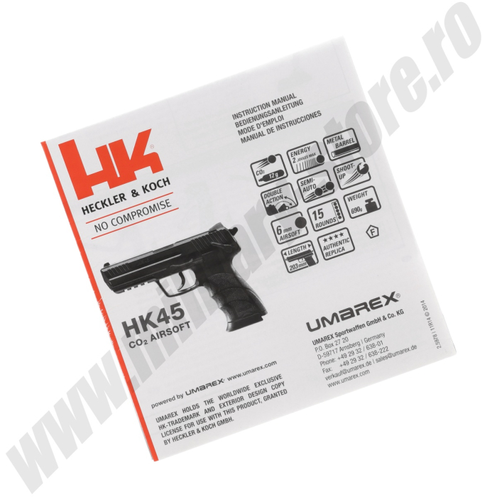 Pistol airsoft Heckler&Koch HK 45 BK Full Metal CO2 Fixed, <2J [9]