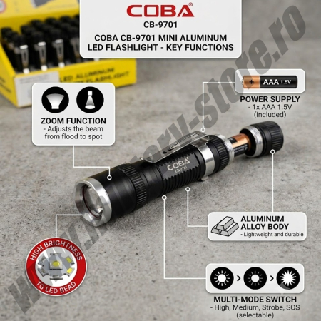 Survival & Outdoor - Mini lanterna Coba CB-9701 cu zoom, corp aluminiu