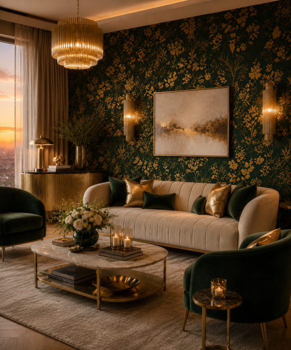 Fototapet living premium Milton Atelier Botanical Gold design flori aurii pe fundal verde smarald de lux [3]