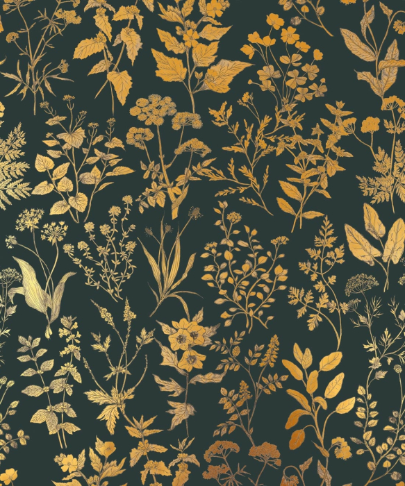 Fototapet living premium Milton Atelier Botanical Gold design flori aurii pe fundal verde smarald de lux [2]