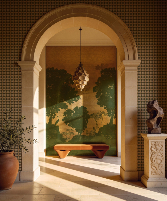 Fototapet living premium Milton Atelier Golden Oasis design peisaj exotic cu foiță de aur de lux [3]