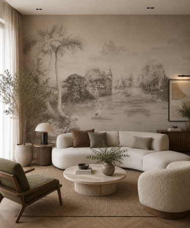 LIVING - Fototapet living premium Milton Atelier Noble peisaj clasic gravură castel sepia de lux