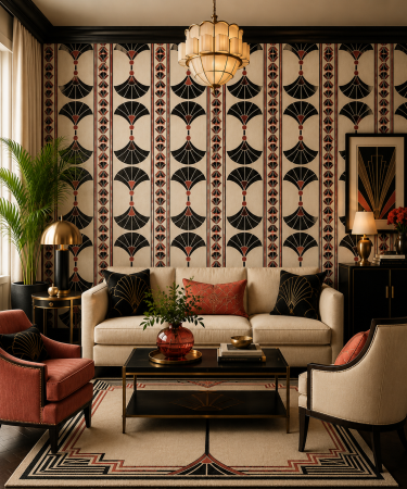 LIVING - Fototapet premium Milton Atelier Art Deco Symphony design geometric cu evantaie negru rosu de lux