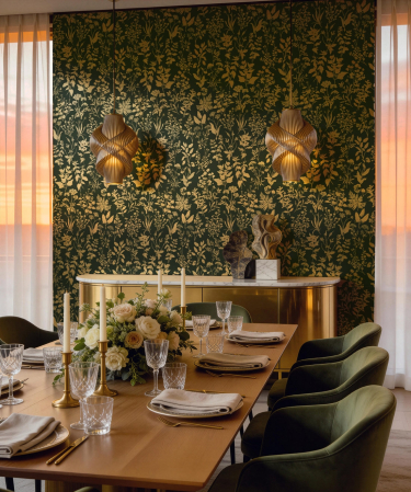 LIVING - Fototapet living premium Milton Atelier Botanical Gold design flori aurii pe fundal verde smarald de lux
